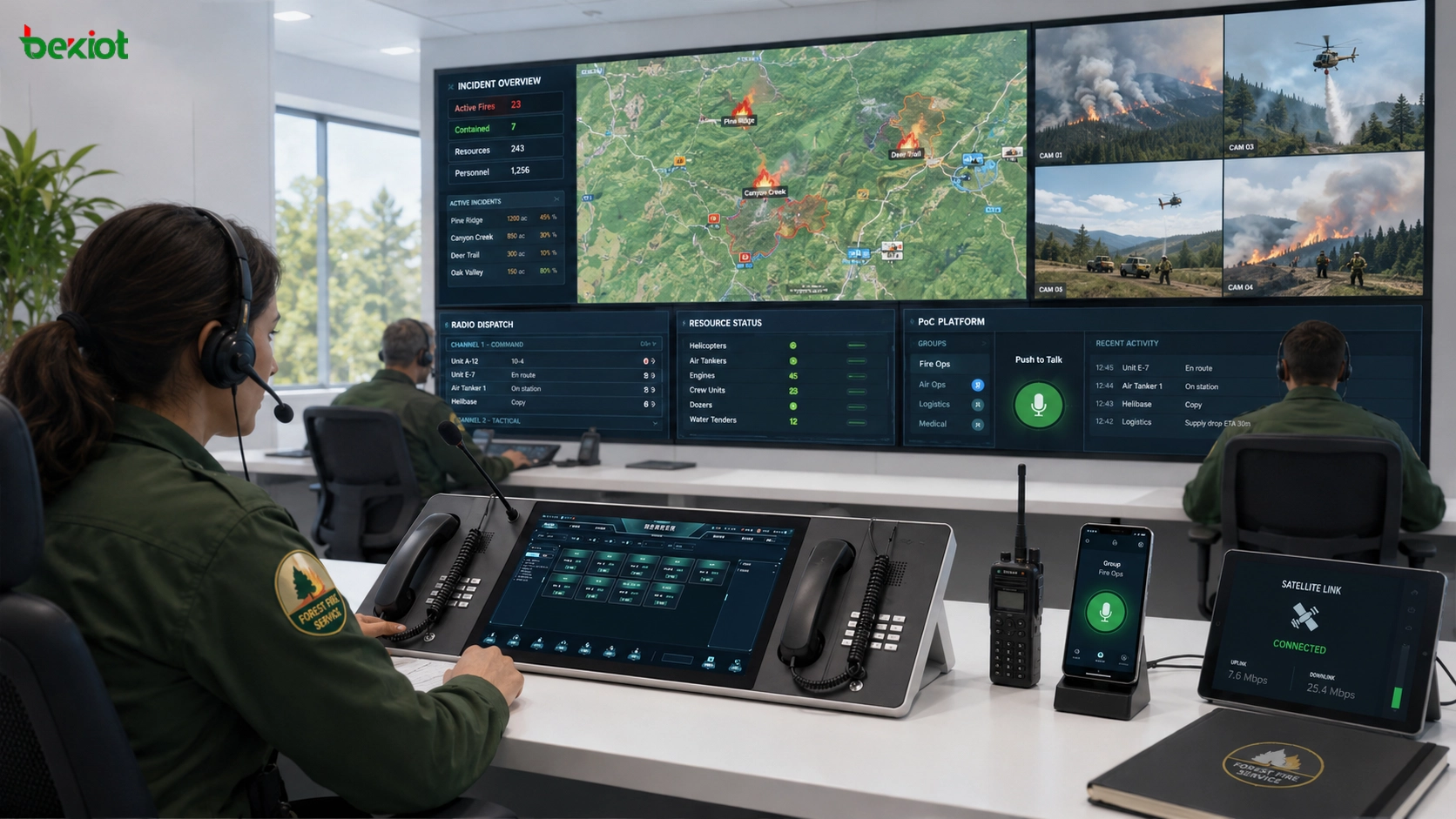 Centre de commandement d’urgence pour feu de forêt avec console intégrée de commandement carte GIS vidéosurveillance communication radio liaison satellite et plateforme PoC