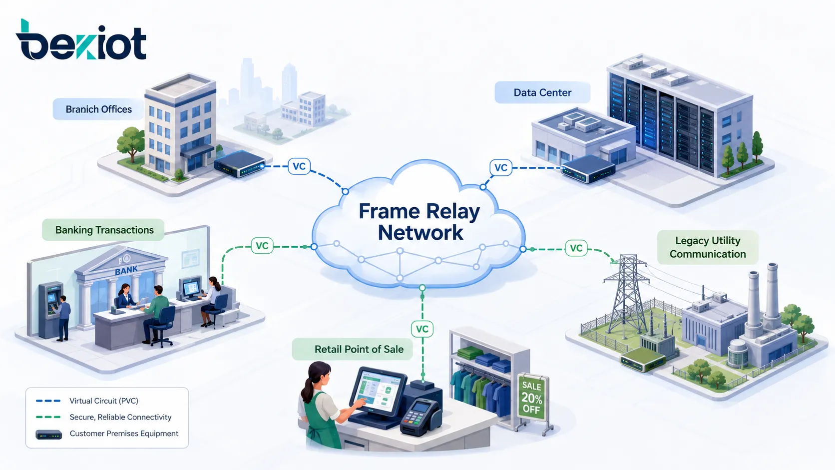 Schéma Frame Relay montrant Frame Relay、centre de données、agence、hérité et la connectivité WAN d’entreprise