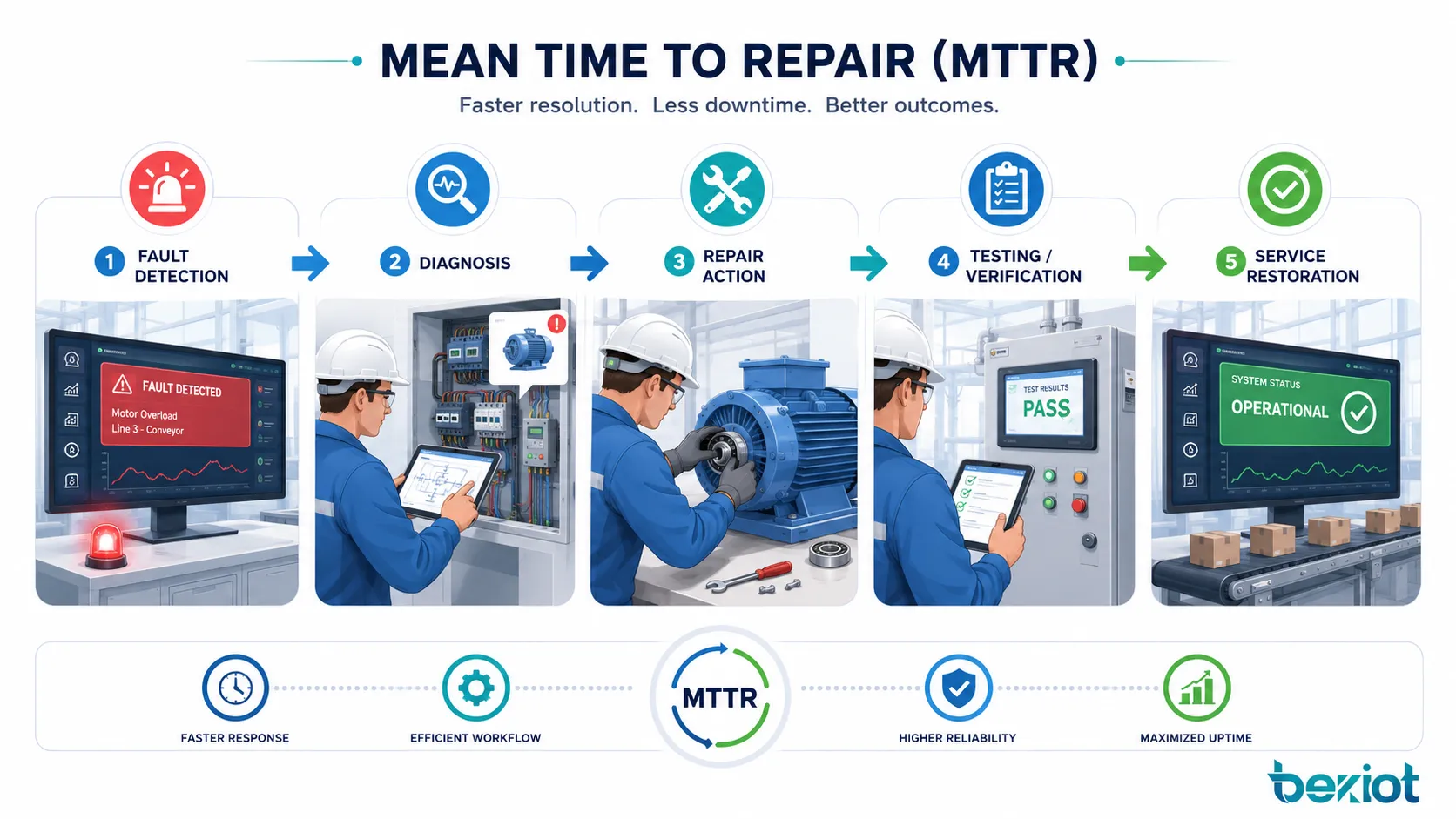 Applications du temps moyen de réparation dans les équipements industriels systèmes IT réseaux télécoms et maintenance des installations