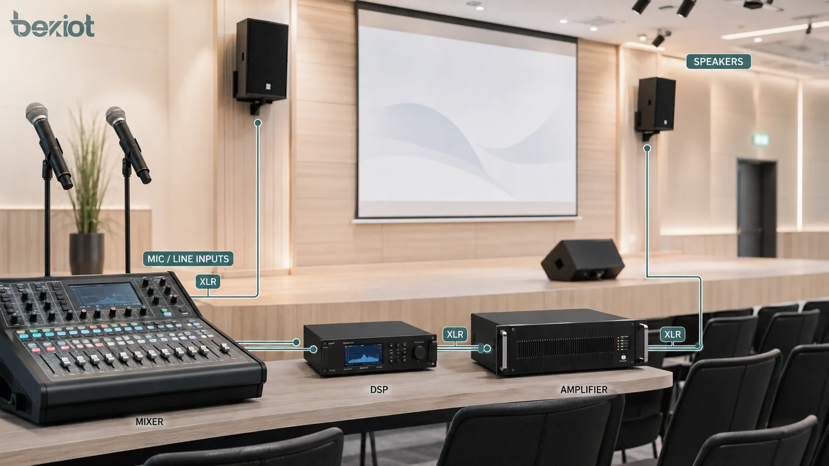 Système AV professionnel utilisant des connexions audio symétriques entre microphones console DSP amplificateur et enceintes