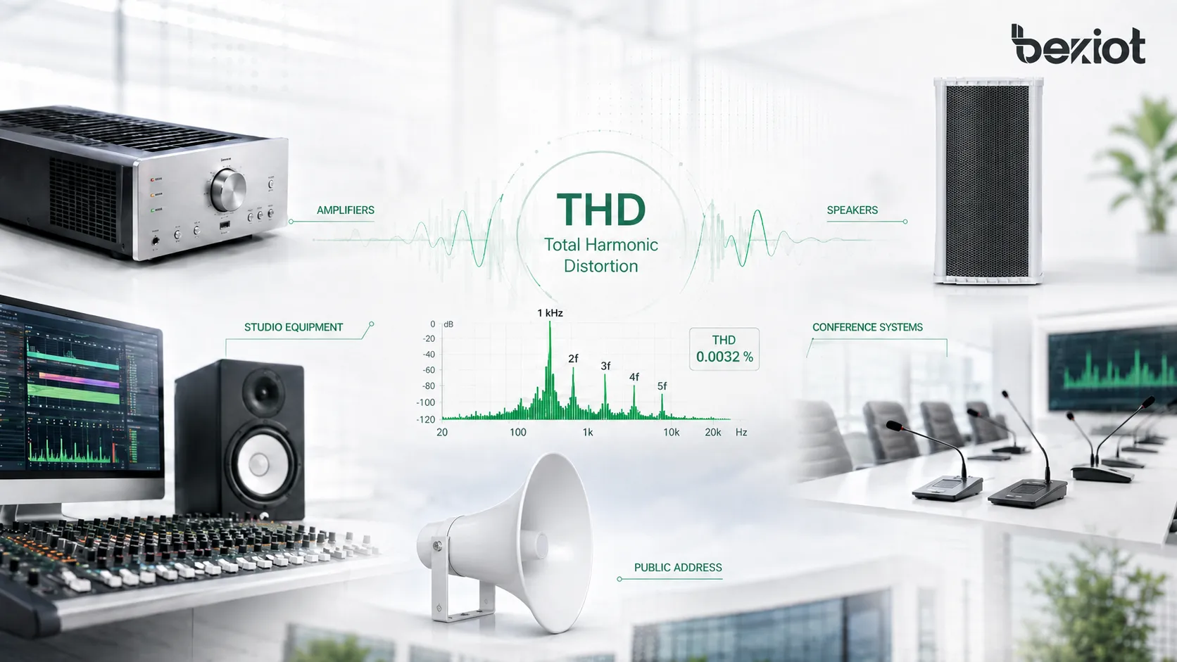 Applications de la distorsion harmonique totale THD dans les amplificateurs, enceintes, équipements de studio, systèmes de conférence et sonorisation