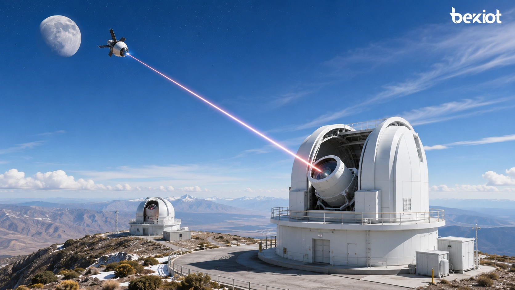Stations optiques au sol recevant des signaux laser du vaisseau Orion pendant une mission lunaire