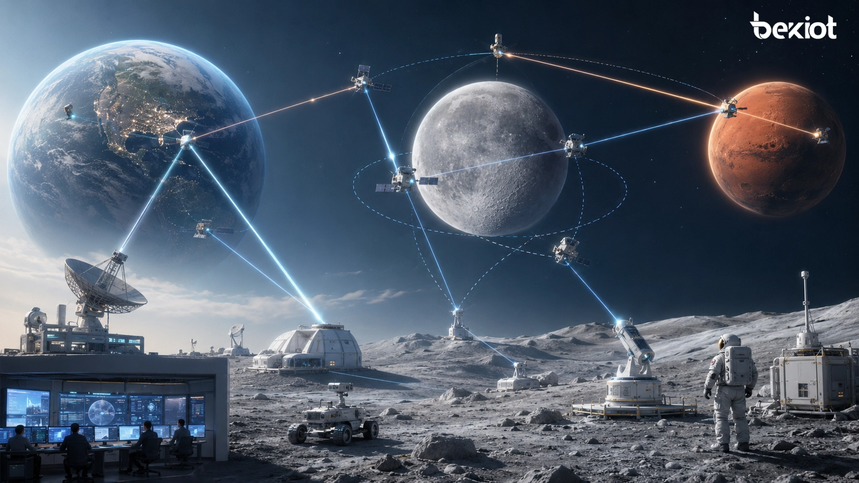 Réseau optique conceptuel de la Lune à Mars reliant vaisseaux actifs lunaires stations au sol et contrôle de mission