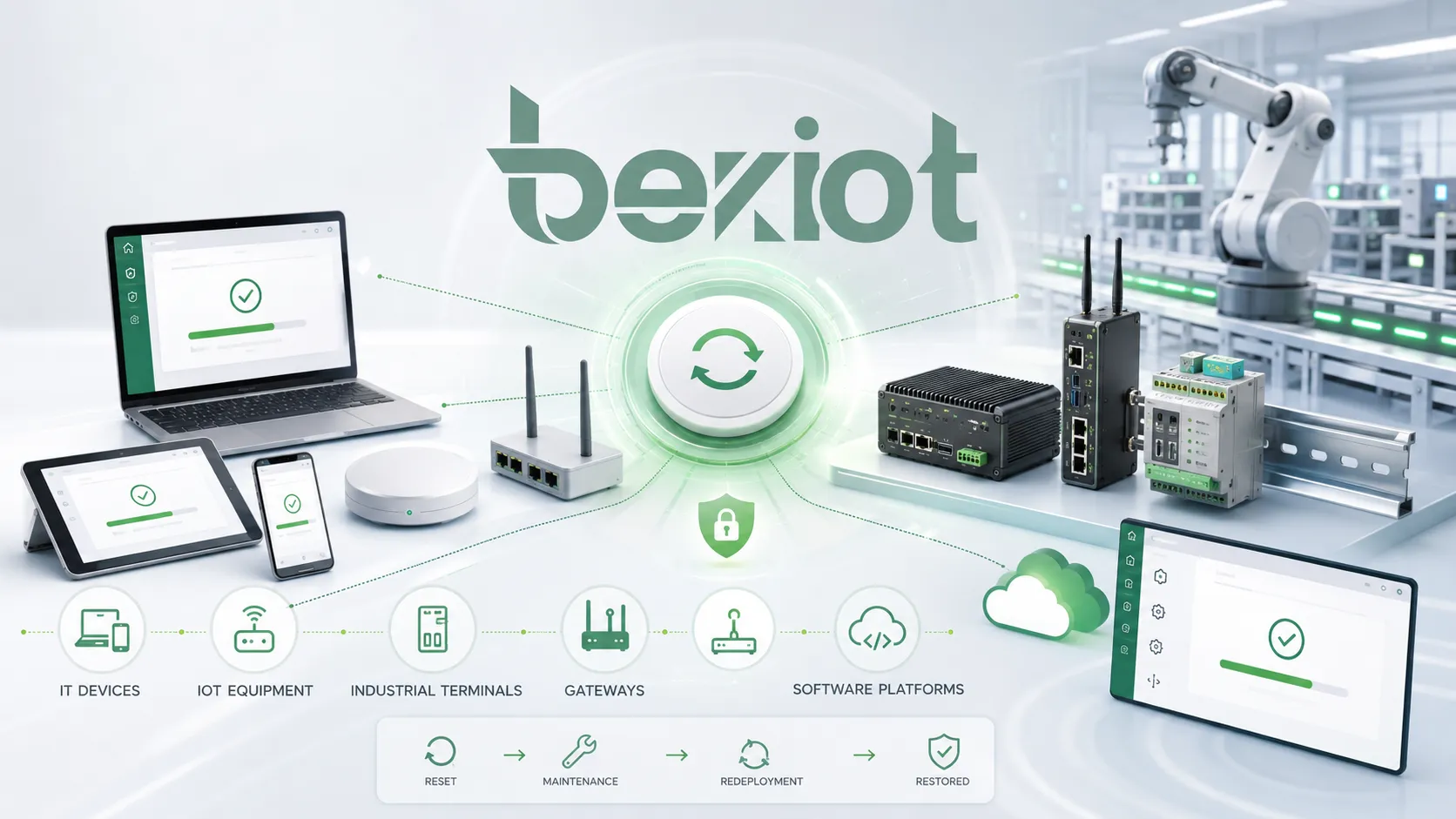 Applications de la réinitialisation d'usine pour les équipements informatiques, les objets IoT, les terminaux de communication industriels, les passerelles et les plateformes logicielles
