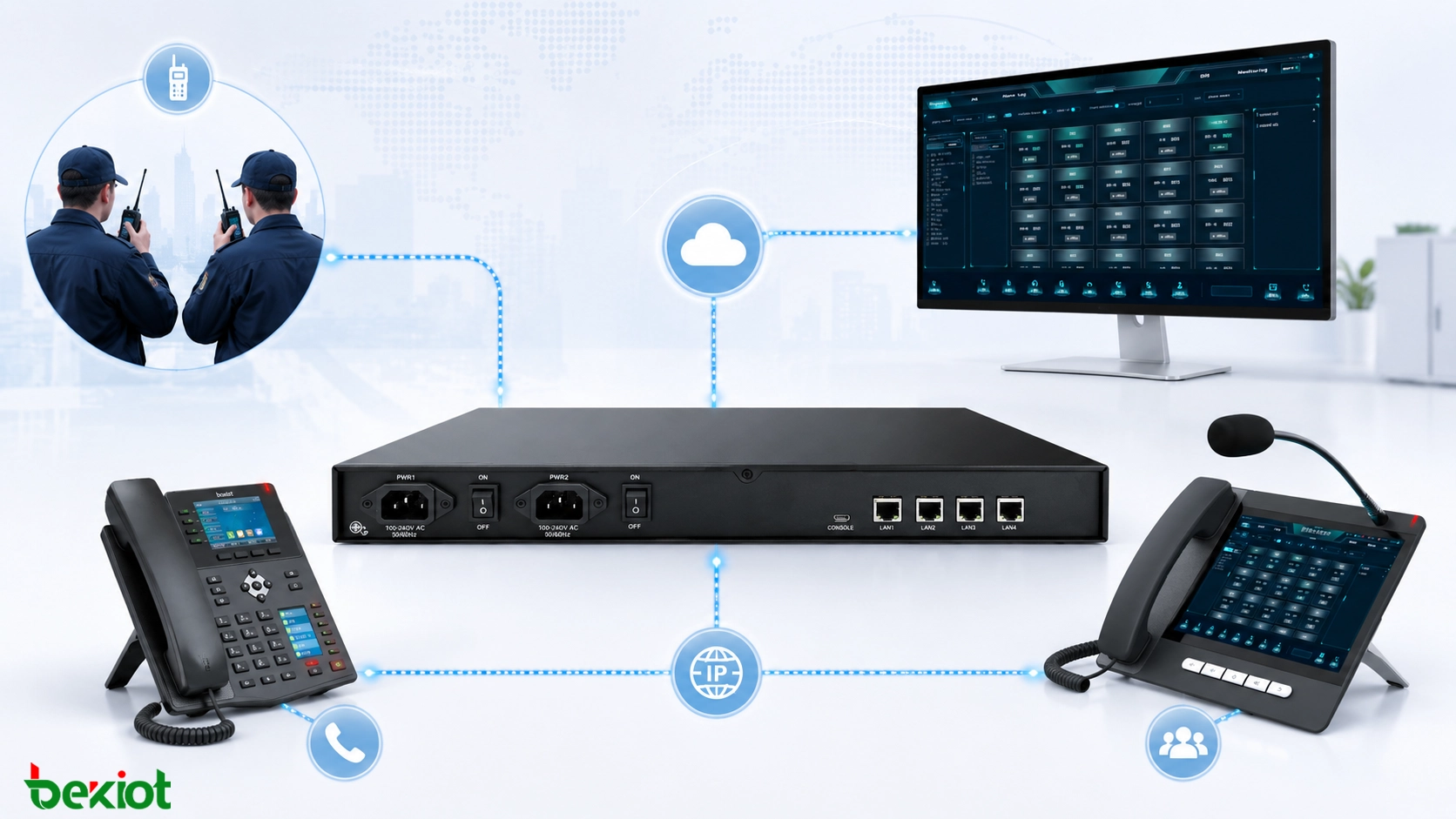 Passerelle RoIP reliant des talkies-walkies à une plateforme de dispatch SIP des téléphones IP et un système de communication de centre de commandement