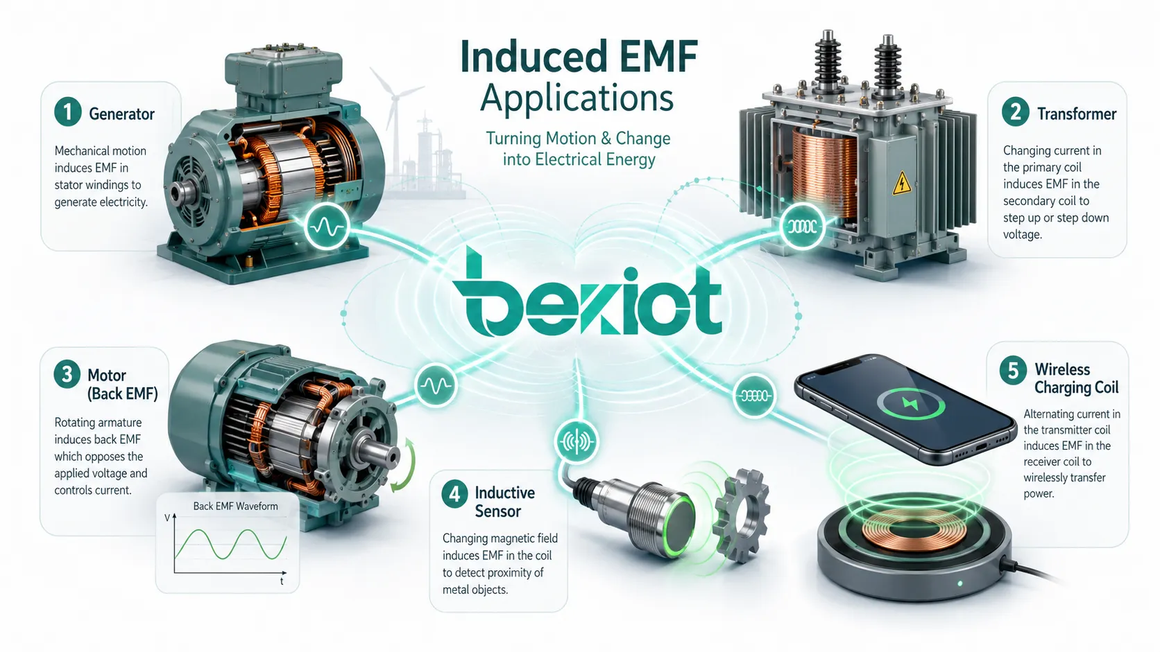 Applications de la f.é.m. induite montrant un générateur, un transformateur, un moteur avec f.c.é.m., un capteur inductif et une bobine de recharge sans fil