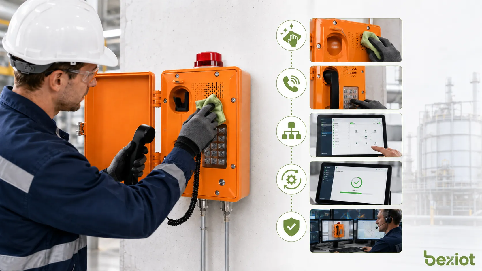 Liste de contrôle de maintenance du dispositif mains libres montrant le nettoyage des grilles, les appels de test, la configuration réseau, la mise à jour du micrologiciel et la vérification des appels d’urgence