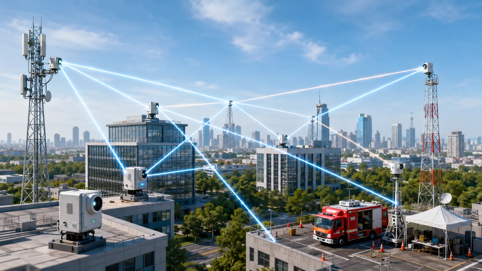 Réseau maillé optique sans fil reliant stations 5G bâtiments d’entreprise et sites d’urgence