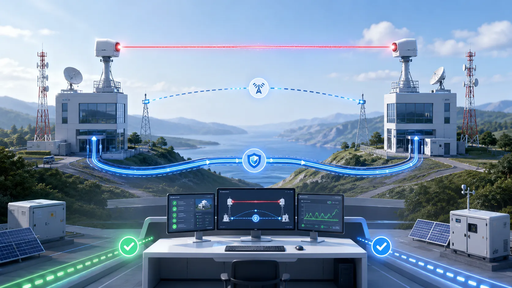 Architecture de communication laser résiliente avec chemins de basculement optiques sans fil fibre et radio