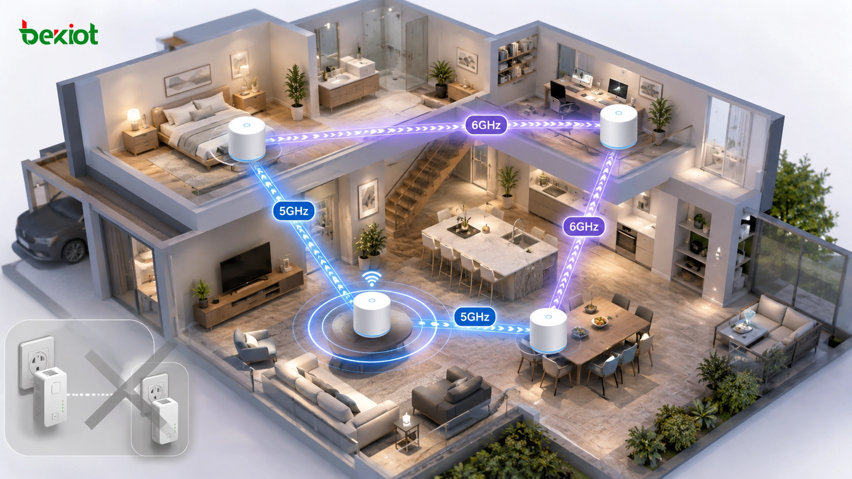 Réseau Wi-Fi Mesh remplaçant les adaptateurs CPL pour une couverture de toute la maison avec backhaul sans fil 5GHz et 6GHz