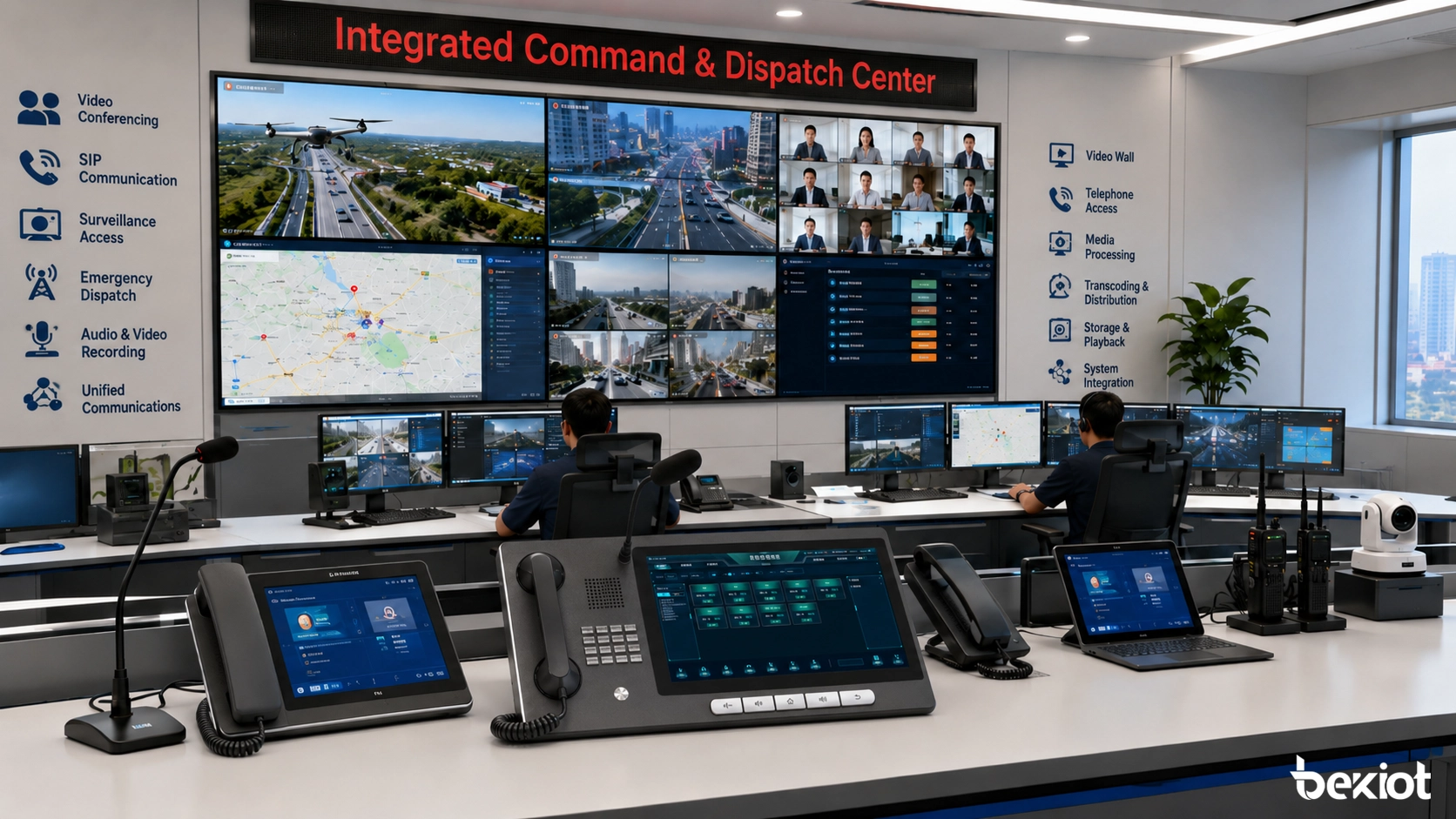 Centre de commandement compact avec équipement audio-vidéo intégré, écrans, console, téléphones SIP, caméras et vidéo terrain
