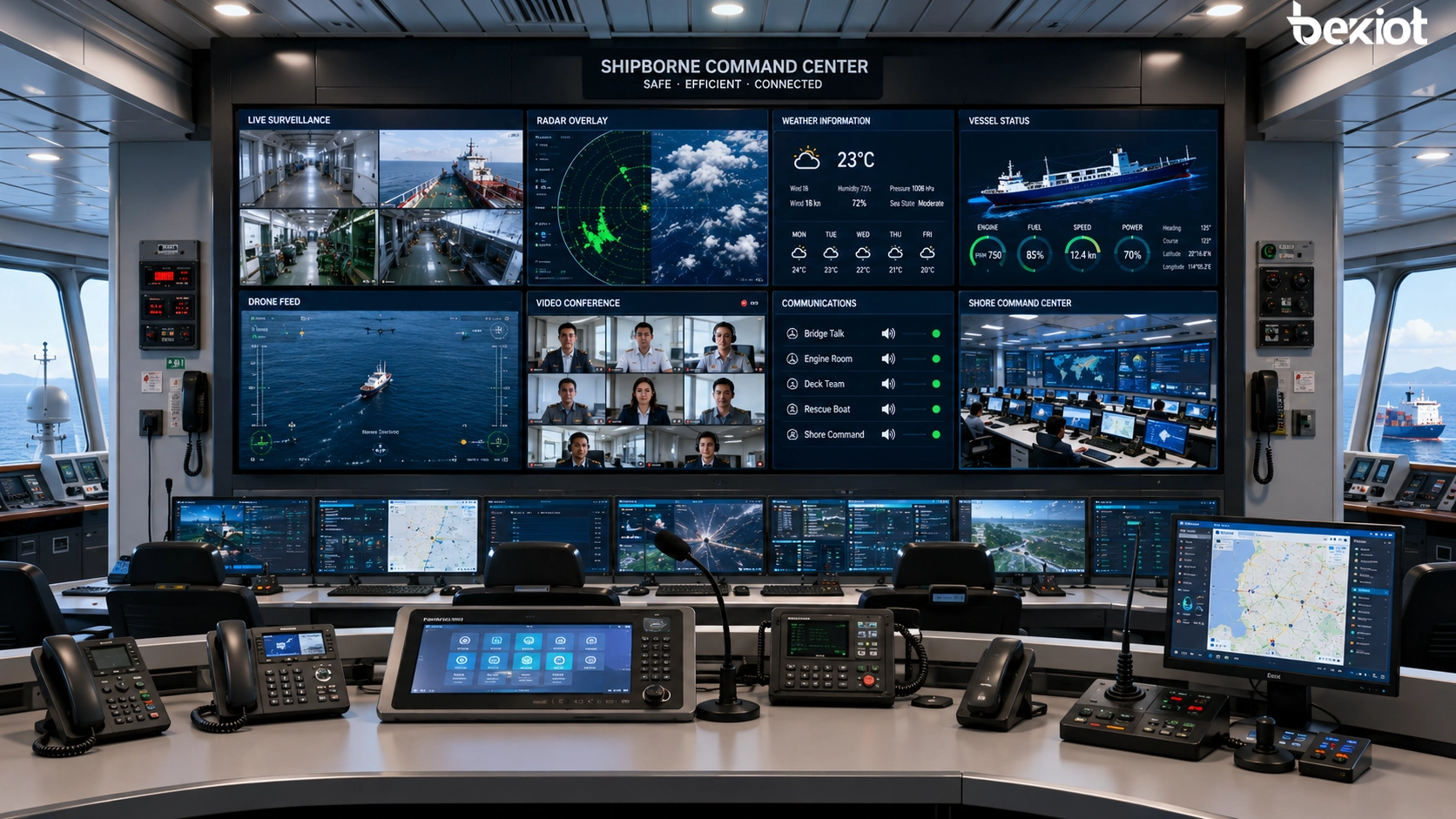 Centre de commandement audiovisuel embarqué connectant salle de contrôle du navire, communication SIP, caméras de surveillance, données radar, informations météo, drones, téléphone satellite, système radio et centre de commandement à terre