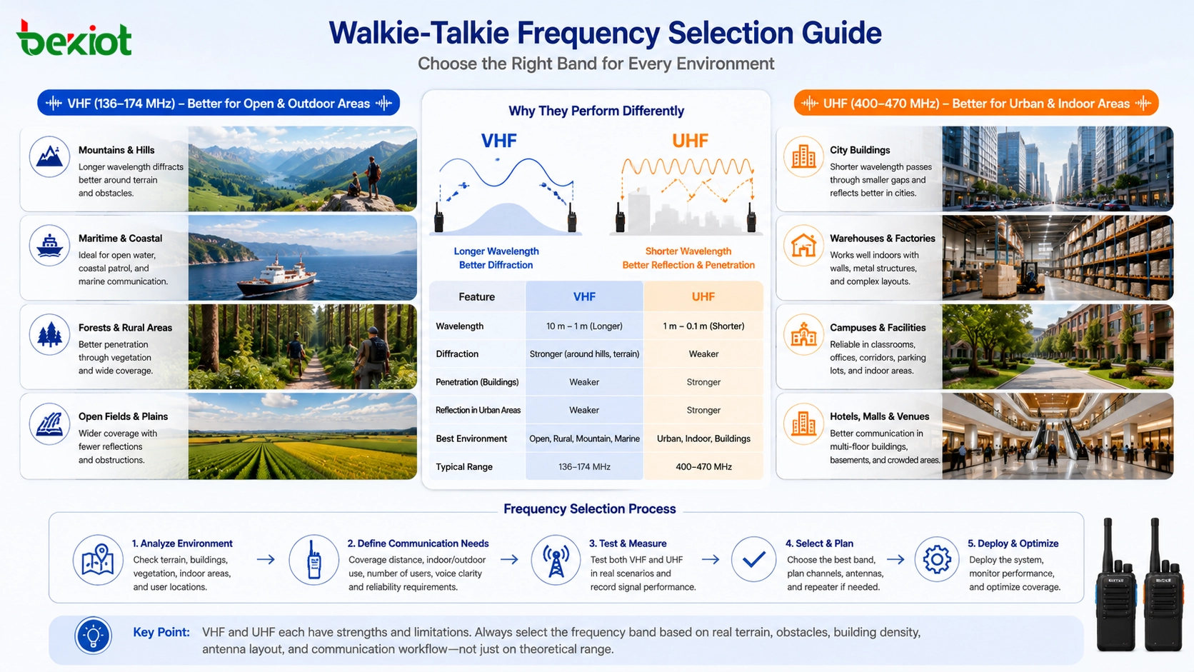 Guide de sélection de fréquence pour talkies-walkies comparant VHF et UHF pour bâtiments urbains, champs ouverts, forêts, montagnes, entrepôts et communication maritime