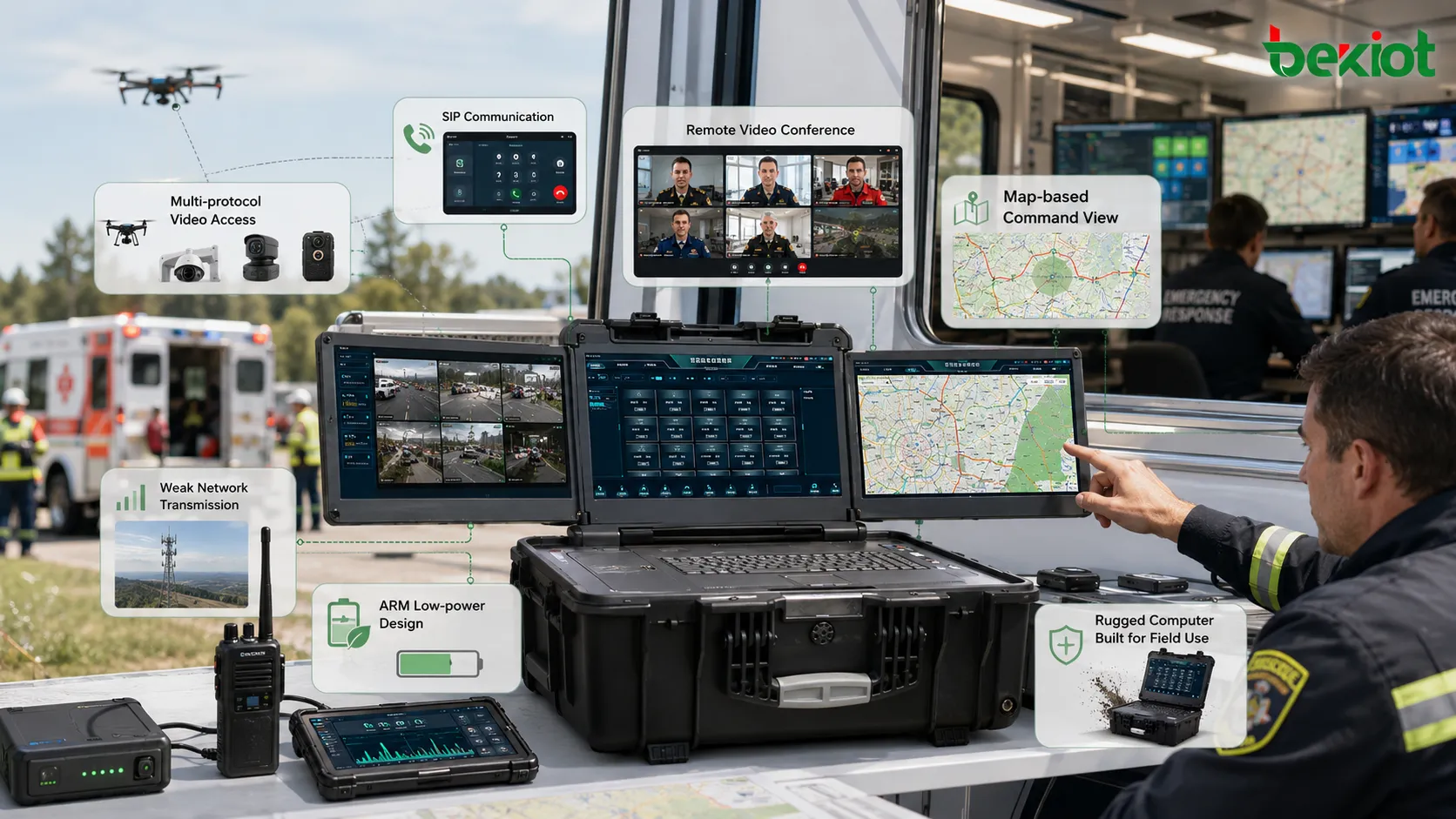 Processus de sélection d’un coffret de commandement comparant besoins terrain, SIP, visioconférence, média multiprotocole, transmission en réseau faible, ARM basse consommation et ordinateur durci