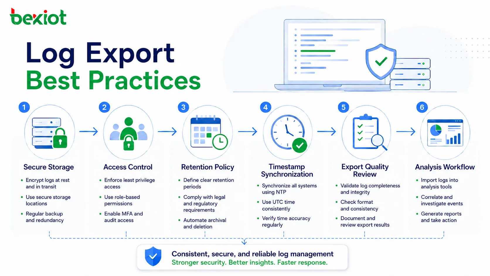 Bonnes pratiques d’exportation des journaux montrant stockage sécurisé, contrôle d’accès, politique de conservation, synchronisation des horodatages et flux d’analyse