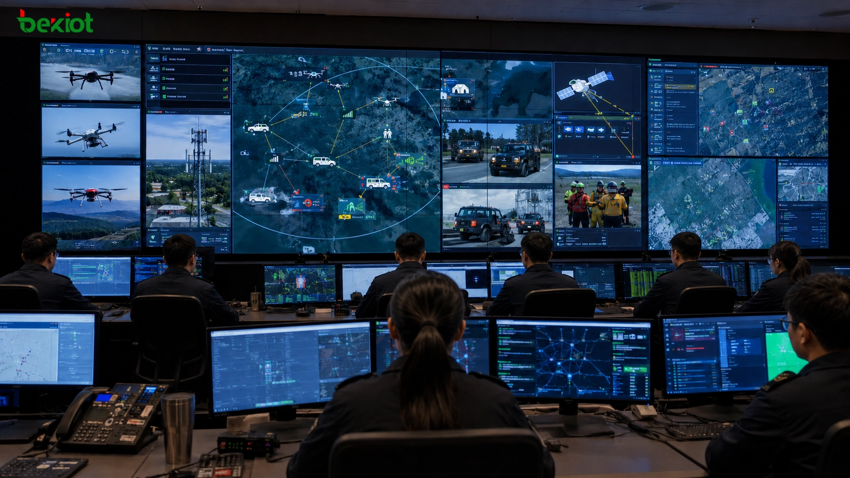 Centre de commandement unifié des communications d’urgence surveillant les réseaux de zones sinistrées, les stations de base par drones, les liaisons satellites, les véhicules et les équipes de secours sur le terrain