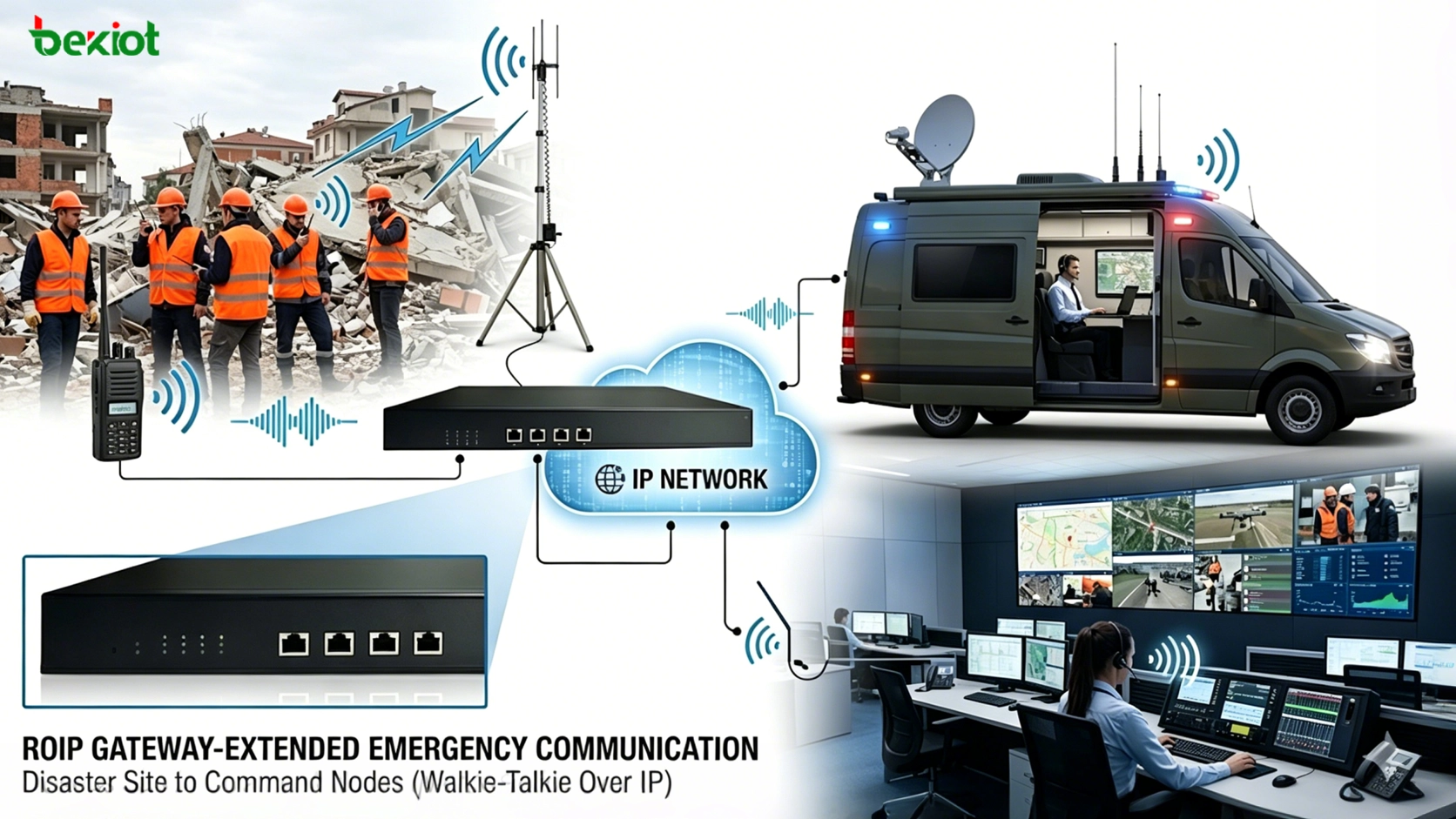 L’accès RoIP aide à étendre la communication radio locale depuis le lieu de l’incident jusqu’au véhicule de commandement d’urgence et au centre de commandement distant.
