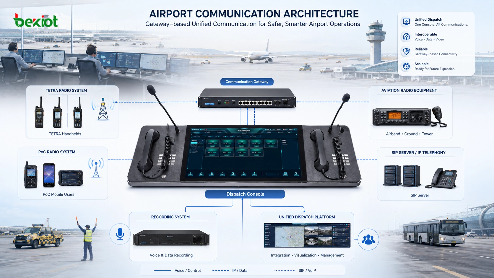 Architecture de passerelle radio aéroportuaire avec TETRA PoC SIP et enregistrement
