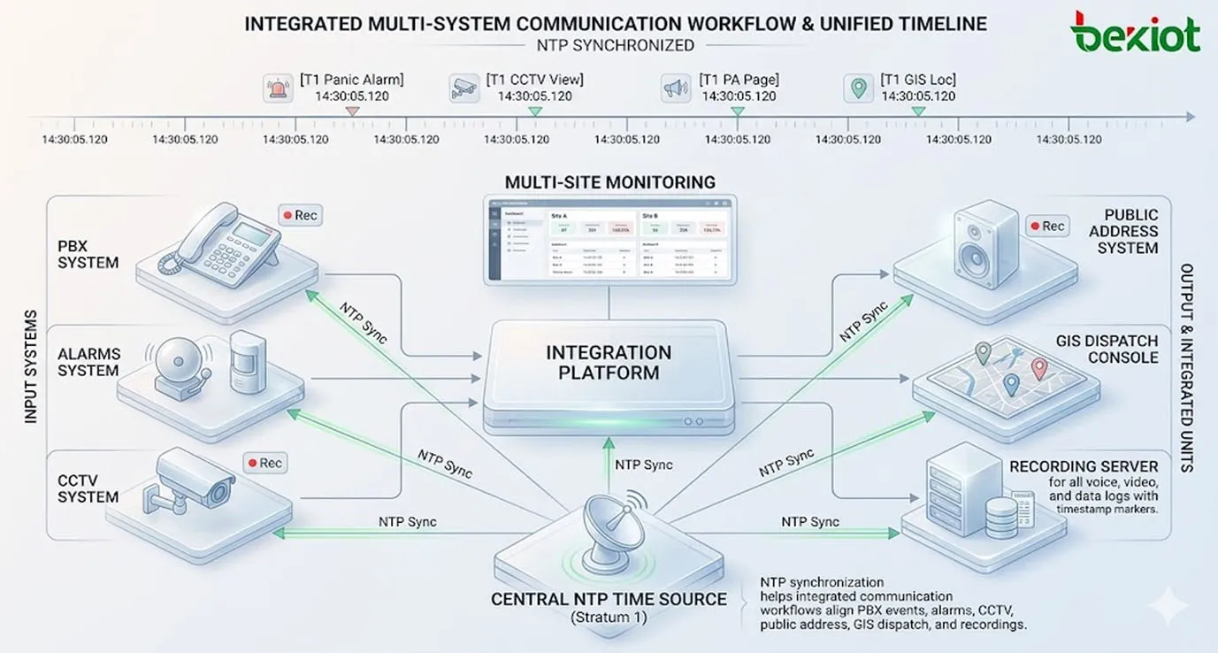 Synchronisation NTP dans flux de travail multi-systèmes de communication regroupant événements PBX, alarmes, vidéosurveillance, sonorisation, répartition SIG, enregistrements et surveillance multi-sites