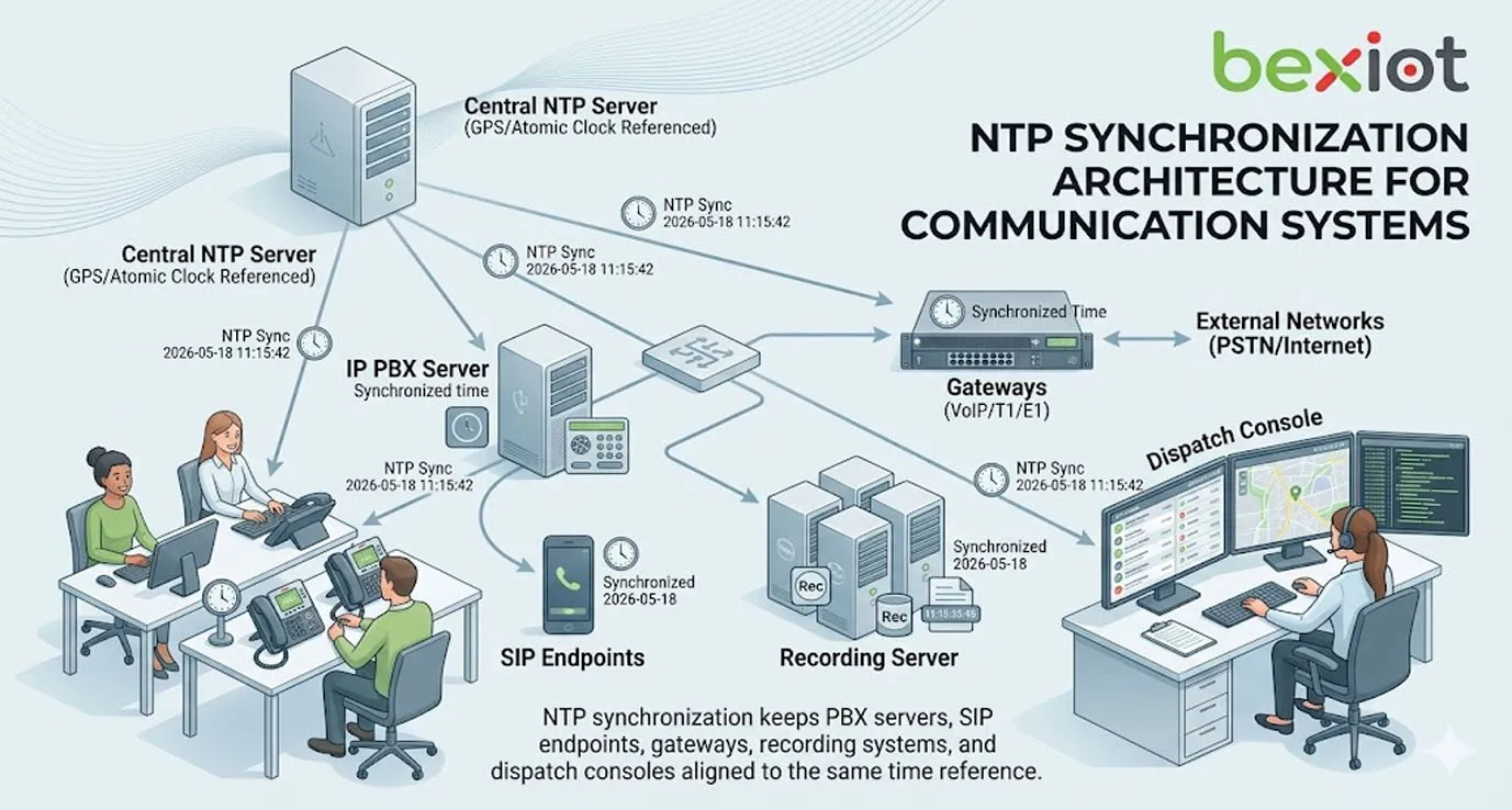 Synchronisation NTP pour lecture d'enregistrements regroupant enregistrements vocaux, séquences vidéo, journaux d'alarmes et chronologie de répartition alignés sur des horodatages précis