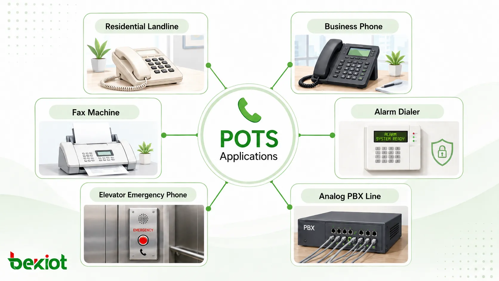 Applications du POTS : ligne fixe résidentielle, téléphone professionnel, télécopieur, composeur d'alarme, téléphone d'ascenseur et ligne PBX analogique
