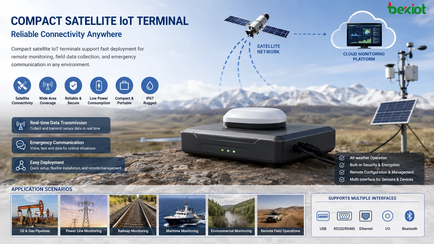Terminal IoT satellitaire compact déployé en environnement distant pour données de capteurs et communication d’urgence