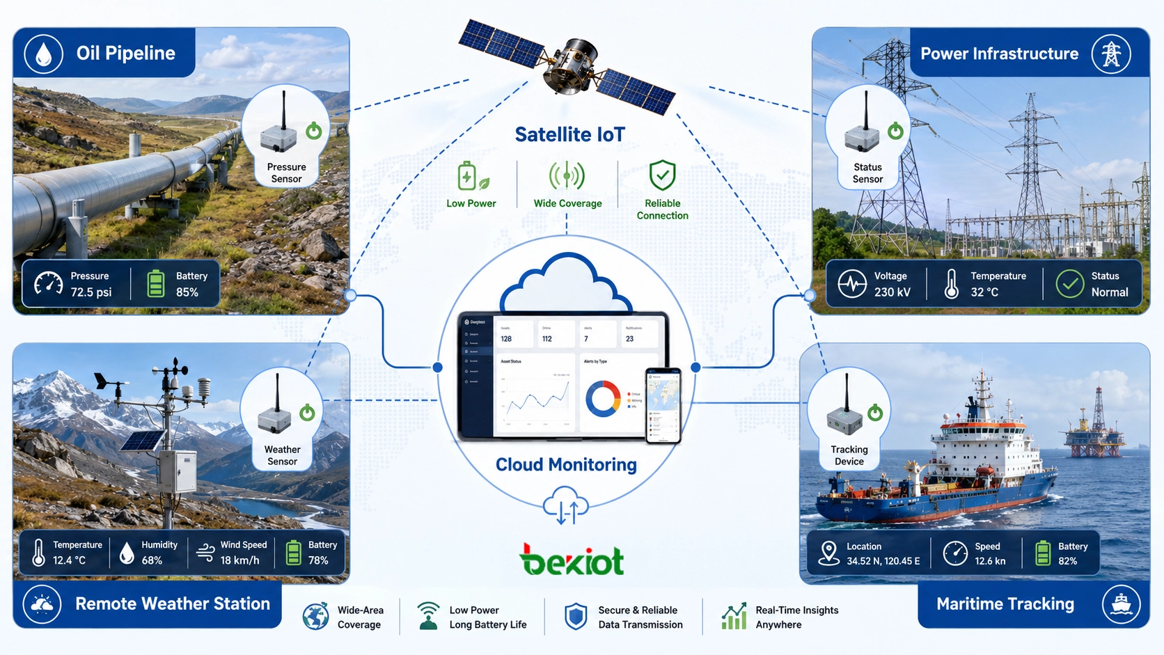 Dispositifs IoT satellitaires basse consommation surveillant pression de pipeline, pylône électrique, station météo et actifs maritimes