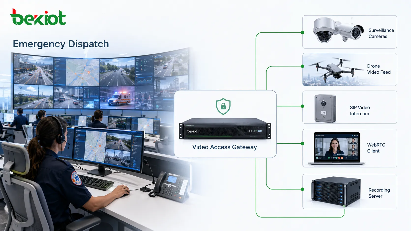 Plateforme de dispatching d’urgence utilisant une passerelle vidéo pour relier caméras, drones, interphone vidéo SIP, client WebRTC et enregistrement