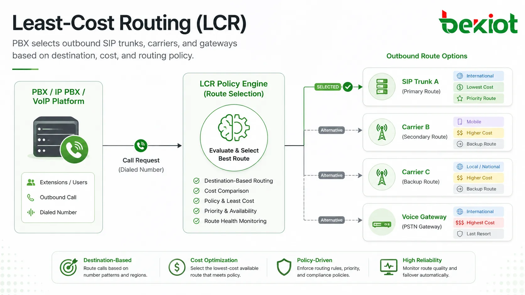 Diagram of Least-Cost Routing LCR showing PBX selecting SIP trunks carriers gateways by destination cost and routing policy