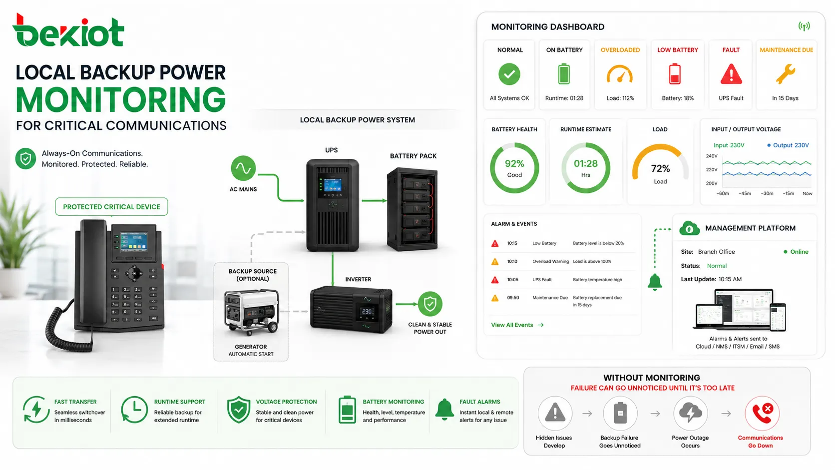 Fonctions d alimentation de secours locale avec surveillance autonomie batterie alarme surcharge protection tension et tableau de bord