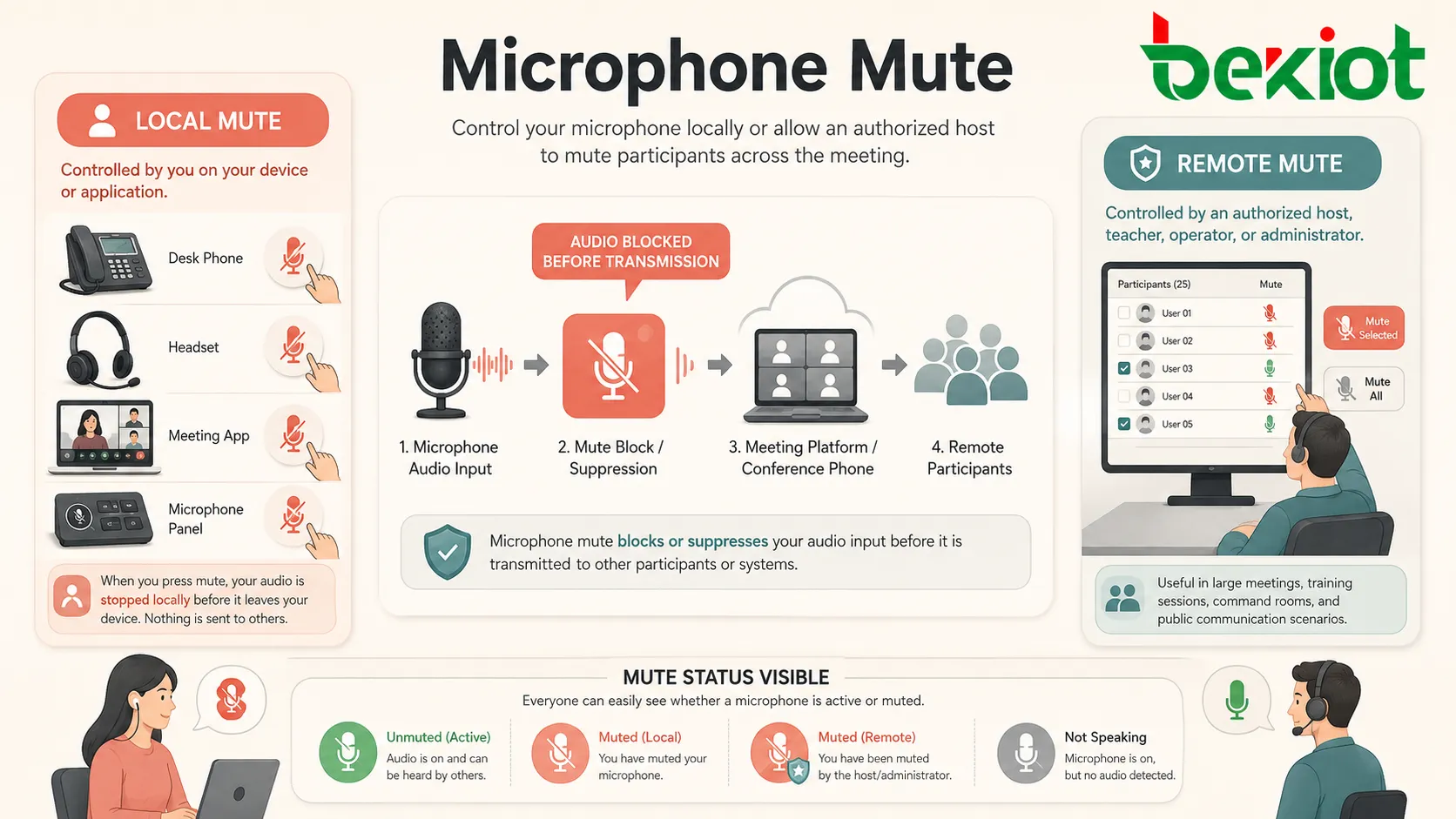 Schéma de la sourdine du microphone montrant le blocage de l’entrée audio avant sa transmission vers la plateforme de réunion, le téléphone de conférence et les participants distants