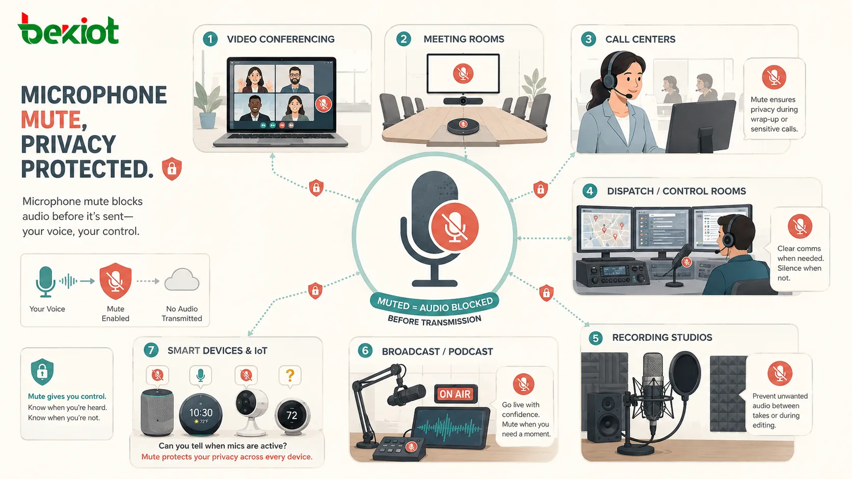 Applications de la sourdine du microphone : visioconférence, salles de réunion, centres d’appels, dispatching, enregistrement, diffusion et appareils intelligents
