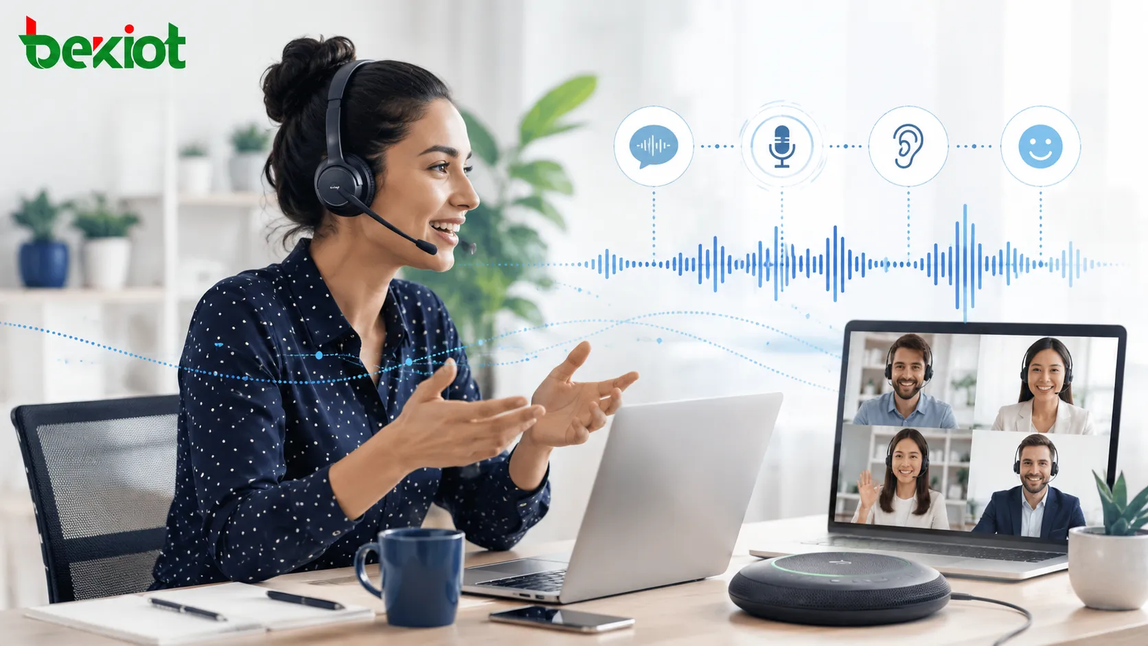 Avantages audio de la Voix HD montrant une parole plus claire, une qualité vocale naturelle, une fatigue auditive réduite et une meilleure communication professionnelle