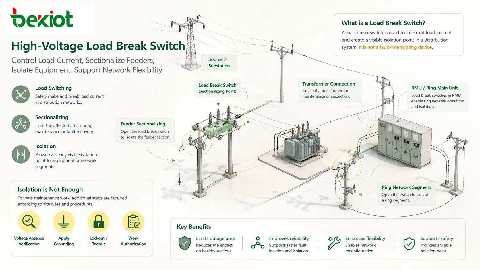 Interrupteur-sectionneur de charge haute tension dans un réseau de distribution montrant le sectionnement des départs, la connexion transformateur, la cellule de boucle et la fonction d'isolement