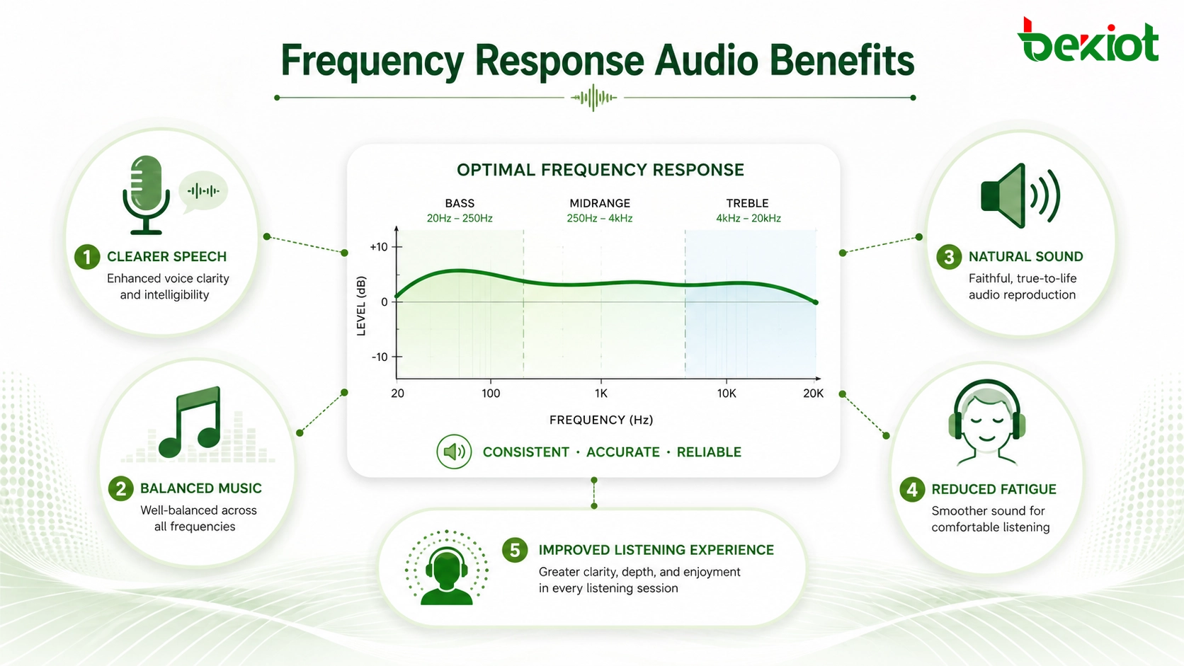 Avantages sonores de la réponse en fréquence montrant une parole plus claire, une musique équilibrée, un son naturel, une fatigue réduite et une expérience d'écoute améliorée