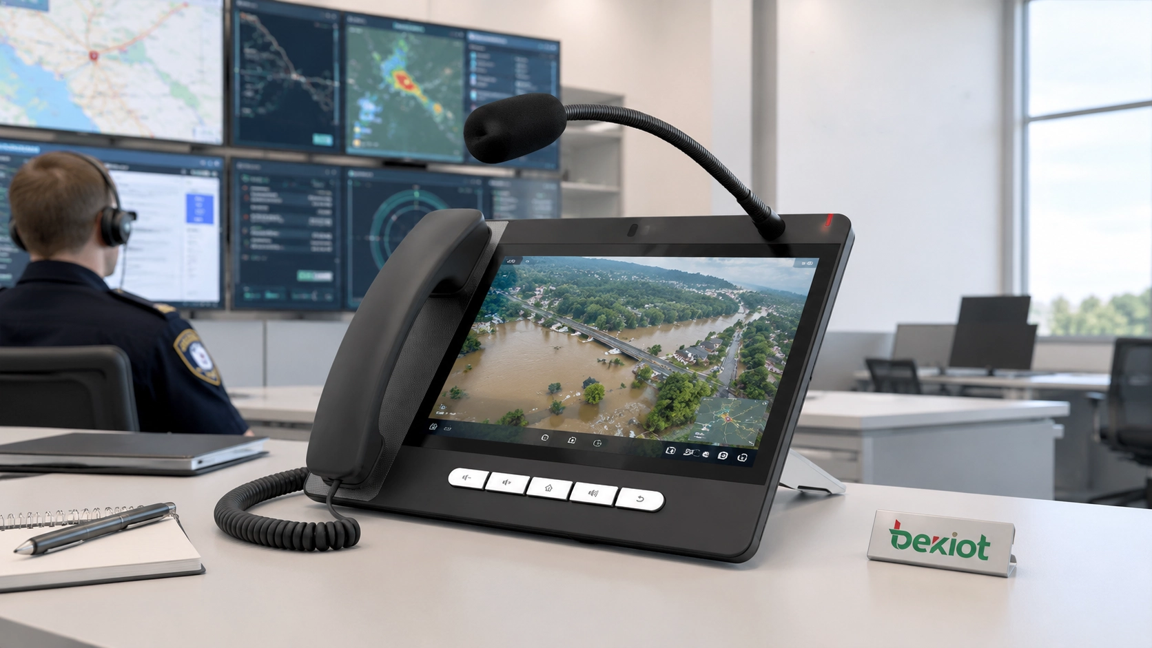Console SIP grand écran affichant un flux vidéo de drone pour le commandement d'urgence
