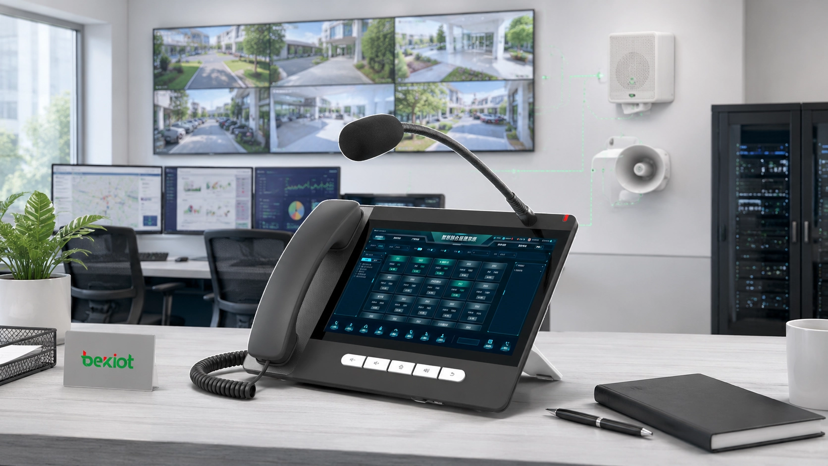 Console de sonnerie SIP connectée à des caméras de surveillance, des haut-parleurs de sonnerie et des ressources du centre de commandement