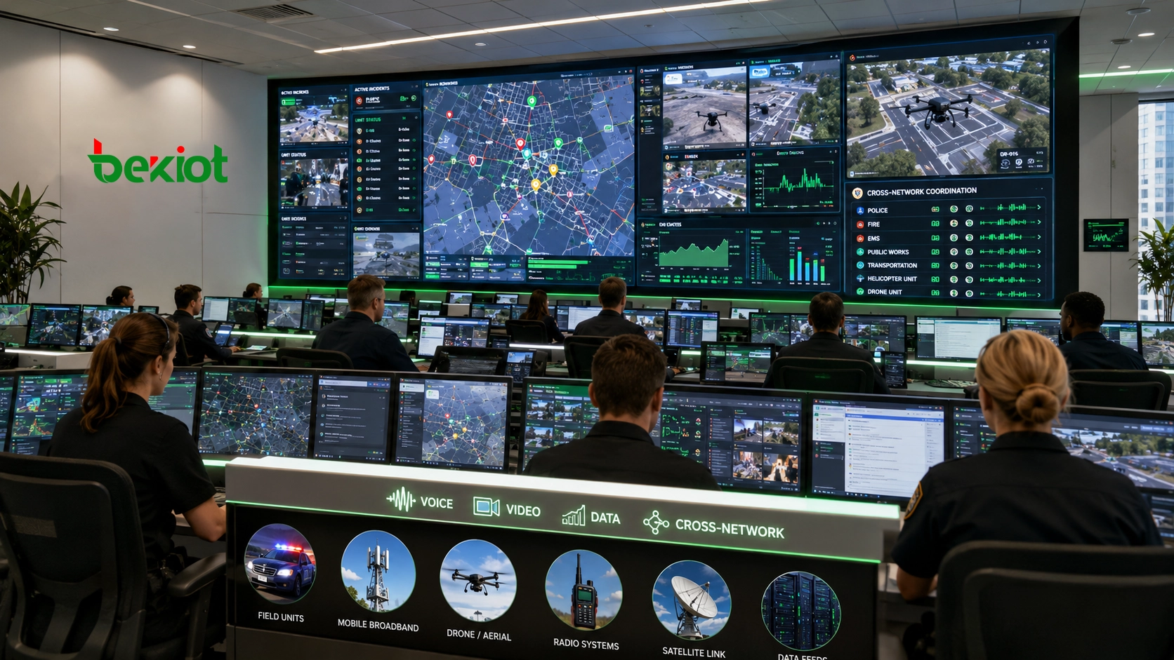 Centre de communication critique utilisant voix vidéo données et coordination interréseaux