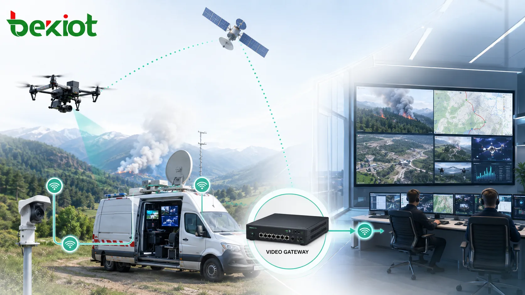 Liaison de communication par satellite à large bande connectant vidéo de drone, caméras de terrain, véhicule de commandement d'urgence et centre de commandement distant via une passerelle vidéo