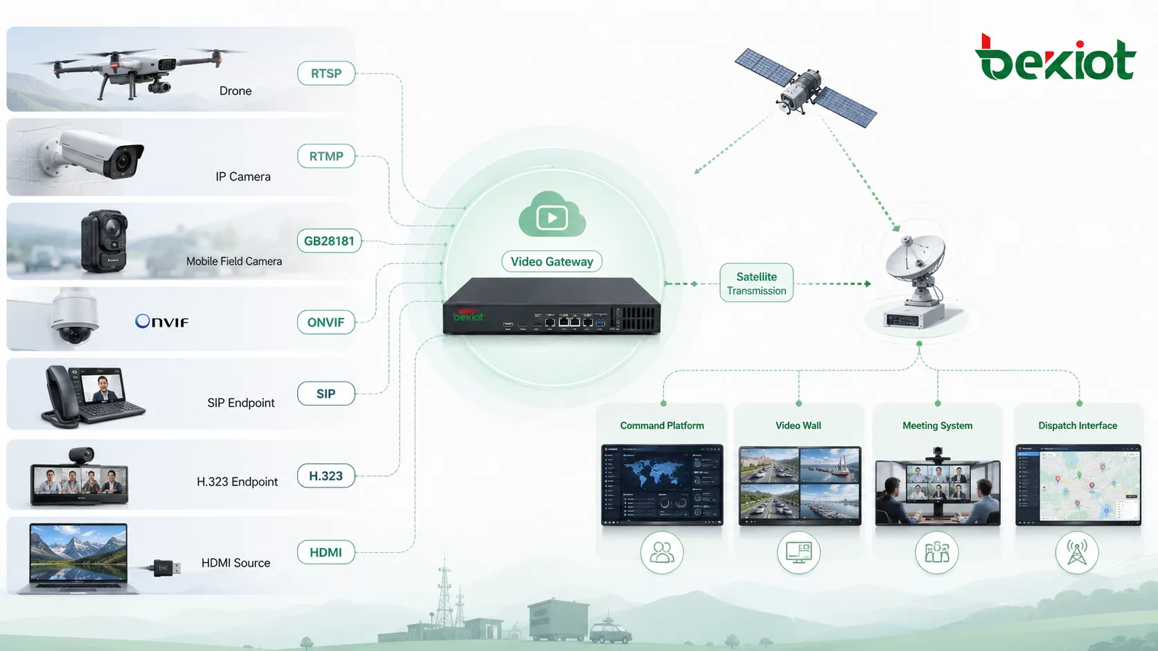 Architecture de passerelle vidéo connectant les sources vidéo drone RTSP RTMP GB28181 ONVIF SIP H323 HDMI avec transmission par satellite et plateforme de commandement