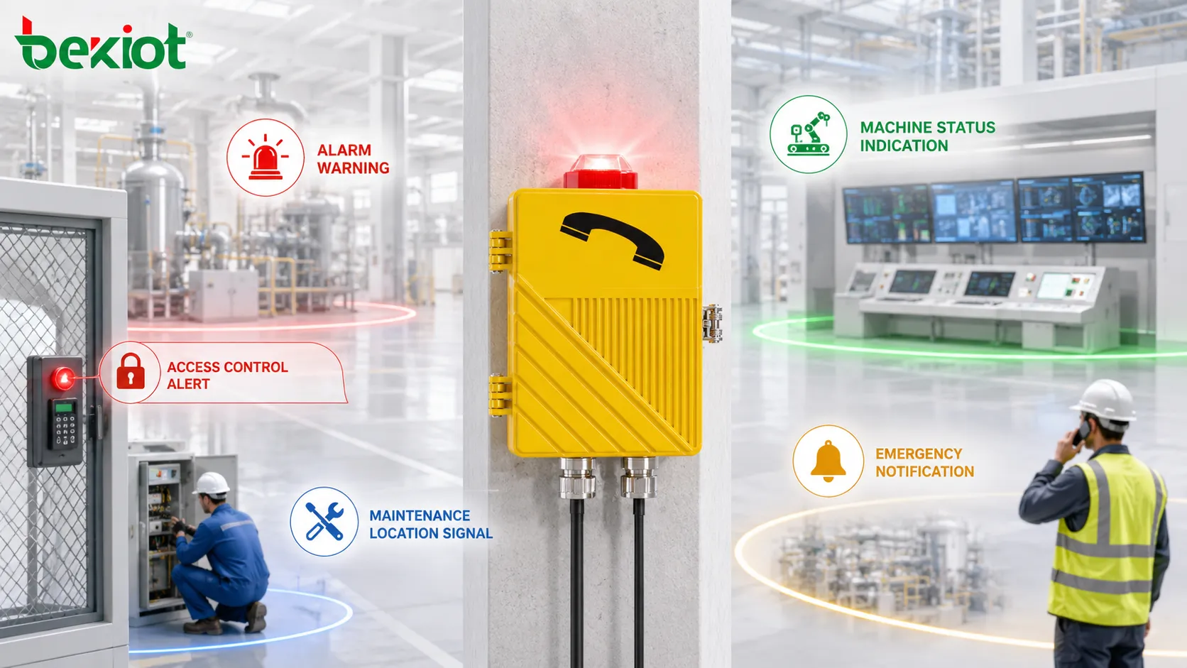 Fonctions de la balise stroboscopique montrant l'avertissement d'alarme, l'indication d'état machine, la notification d'urgence, l'alerte de contrôle d'accès et le signal de localisation pour la maintenance