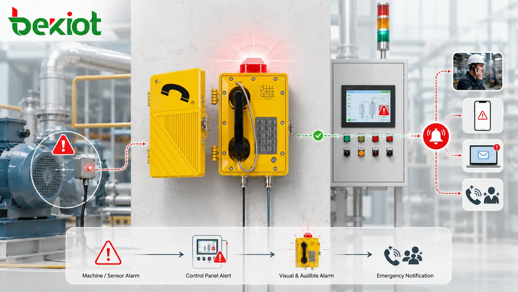 Système d'alarme visuelle à balise stroboscopique montrant un feu d'avertissement clignotant connecté à un capteur de machine, un panneau de commande et un flux de notification d'urgence