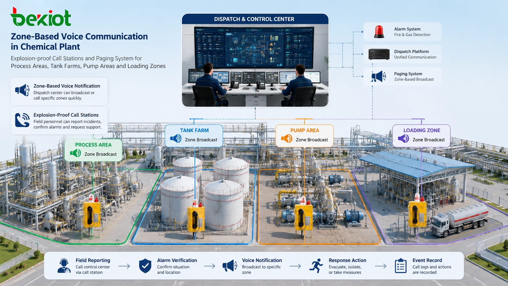 Usine chimique utilisant postes d’appel antidéflagrants et sonorisation pour notification vocale par zones dans unités de process parcs de réservoirs zones de pompes et chargement
