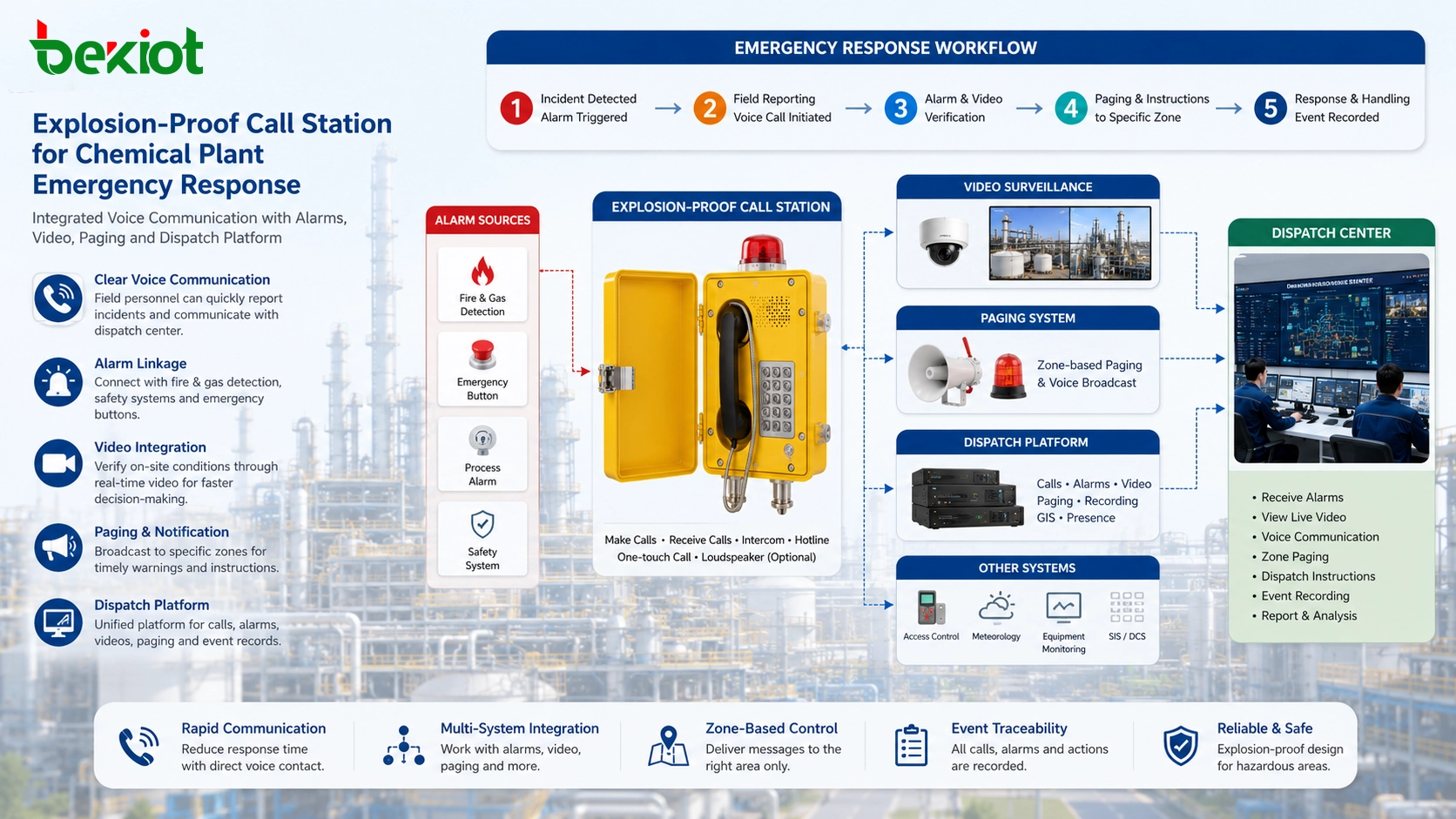 Poste d’appel antidéflagrant fonctionnant avec alarme vidéo sonorisation et plateforme de dispatching dans une réponse d’urgence en usine chimique