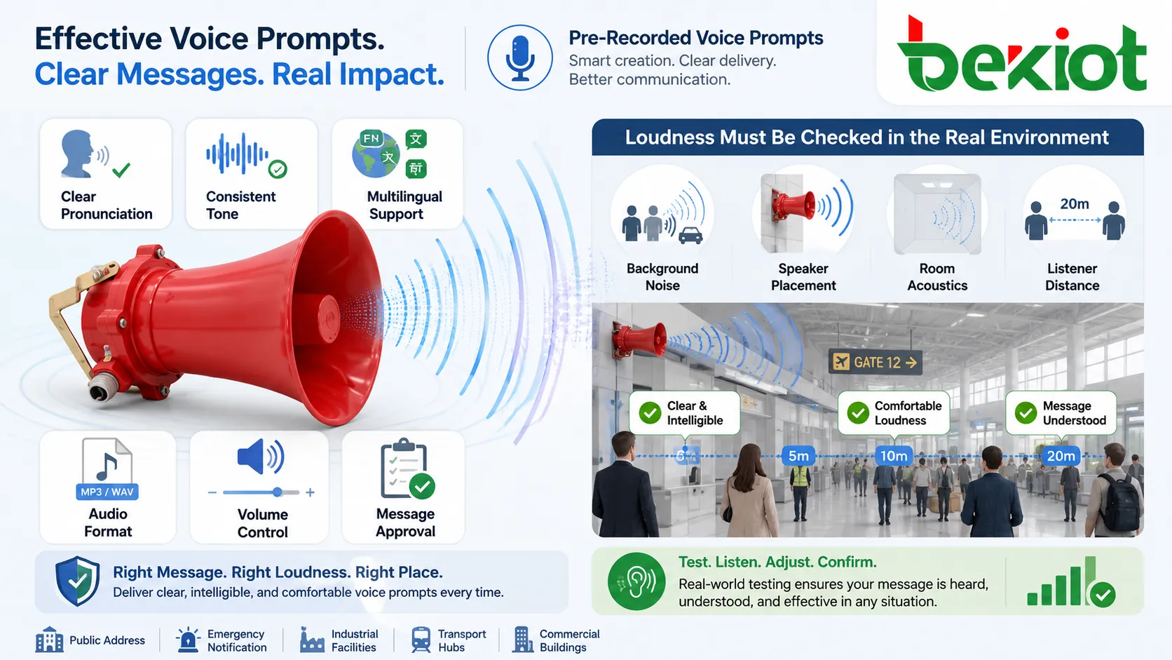 Caractéristiques de messages vocaux préenregistrés avec prononciation claire ton cohérent support multilingue format audio contrôle du volume et validation du message