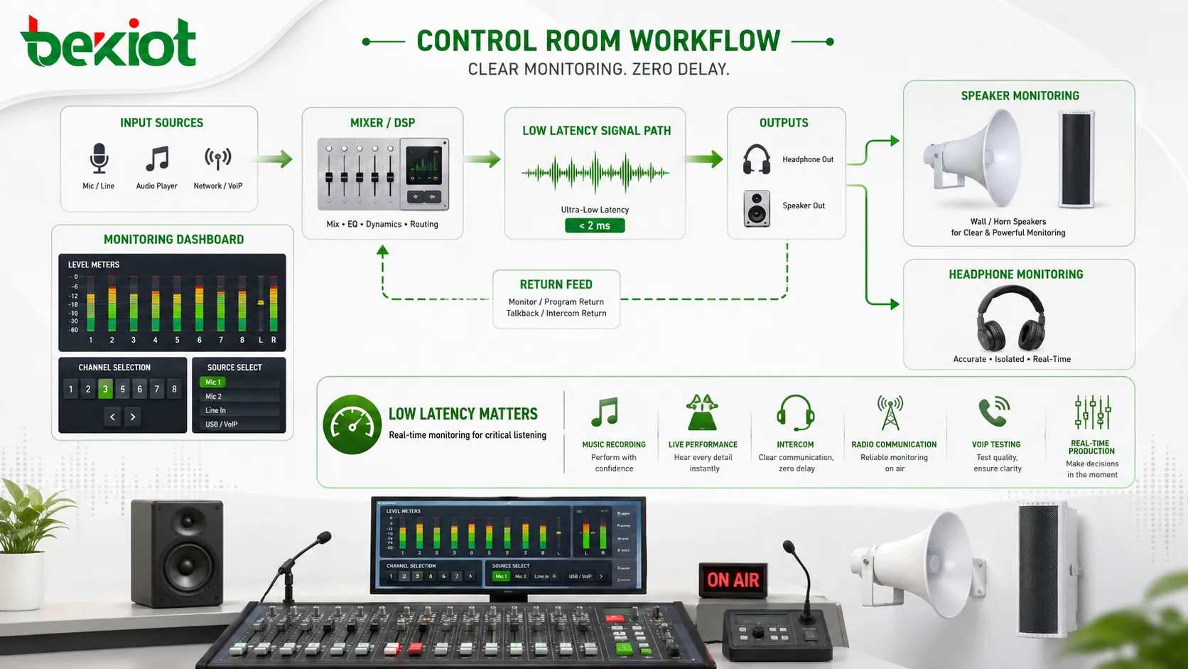 Fonctionnalités de surveillance audio montrant la surveillance au casque, la surveillance par enceintes, les indicateurs de niveau, la sélection de canal, la faible latence et le flux de travail audio en régie