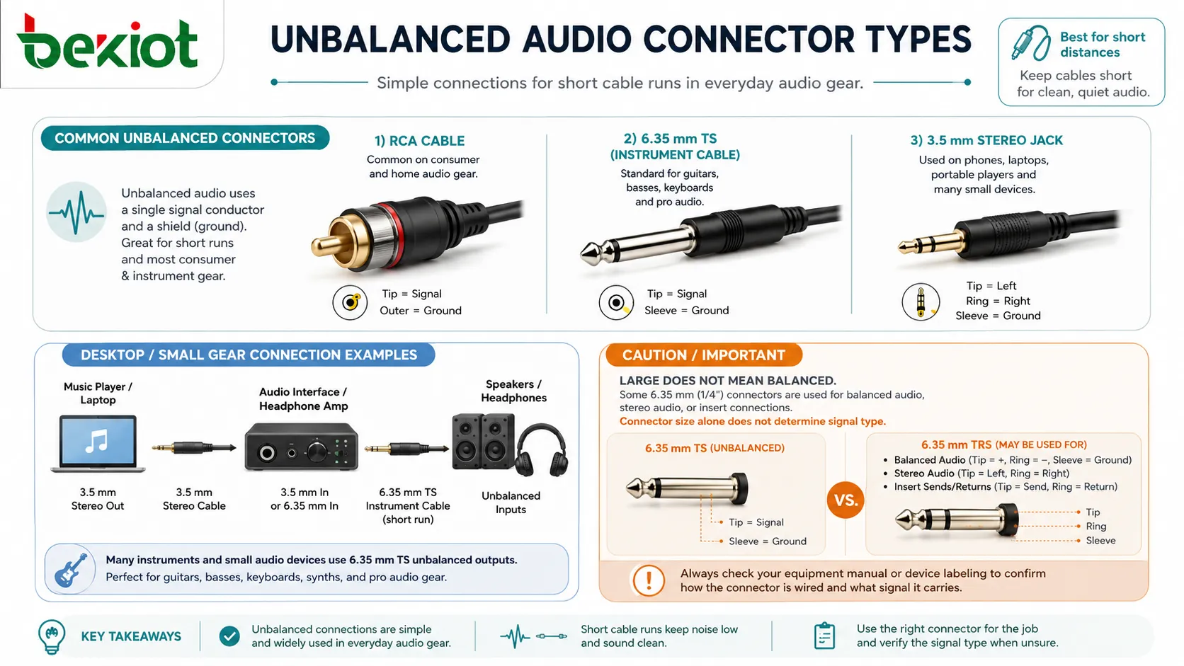 Types de connecteurs audio asymétriques avec câble RCA, câble instrument TS, jack stéréo 3,5 mm et liaison courte de bureau