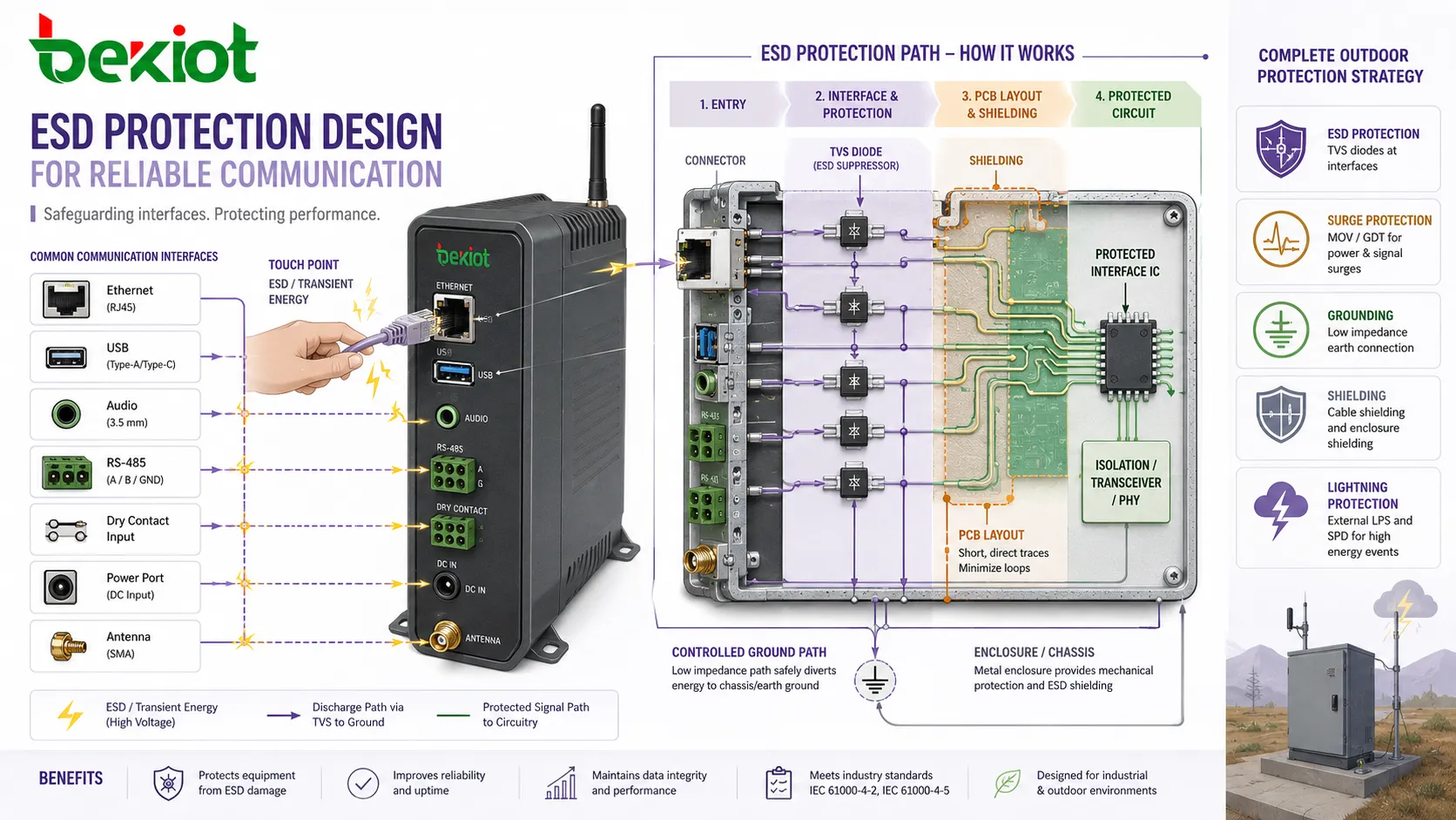 Conception de la protection ESD montrant une diode TVS, le blindage du connecteur, l'agencement du PCB, le chemin de masse, le point de contact du boîtier et l'interface de communication protégée