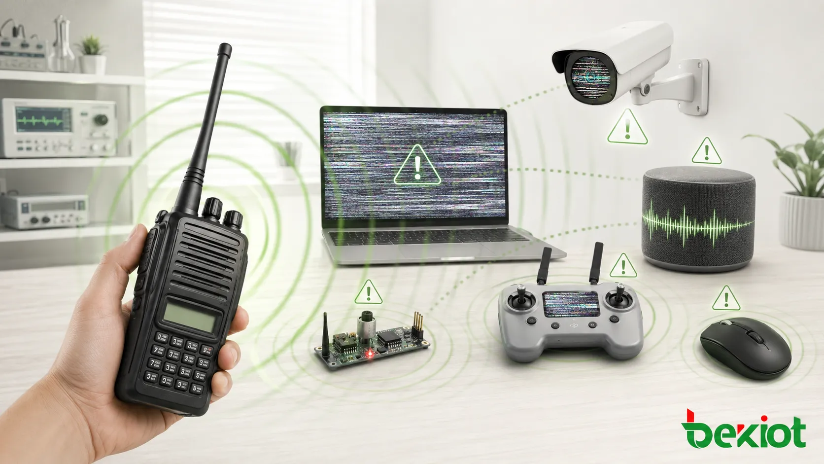 Radio portative de forte puissance provoquant des interférences RF sur ordinateur caméra capteur appareil audio contrôleur de drone et souris sans fil