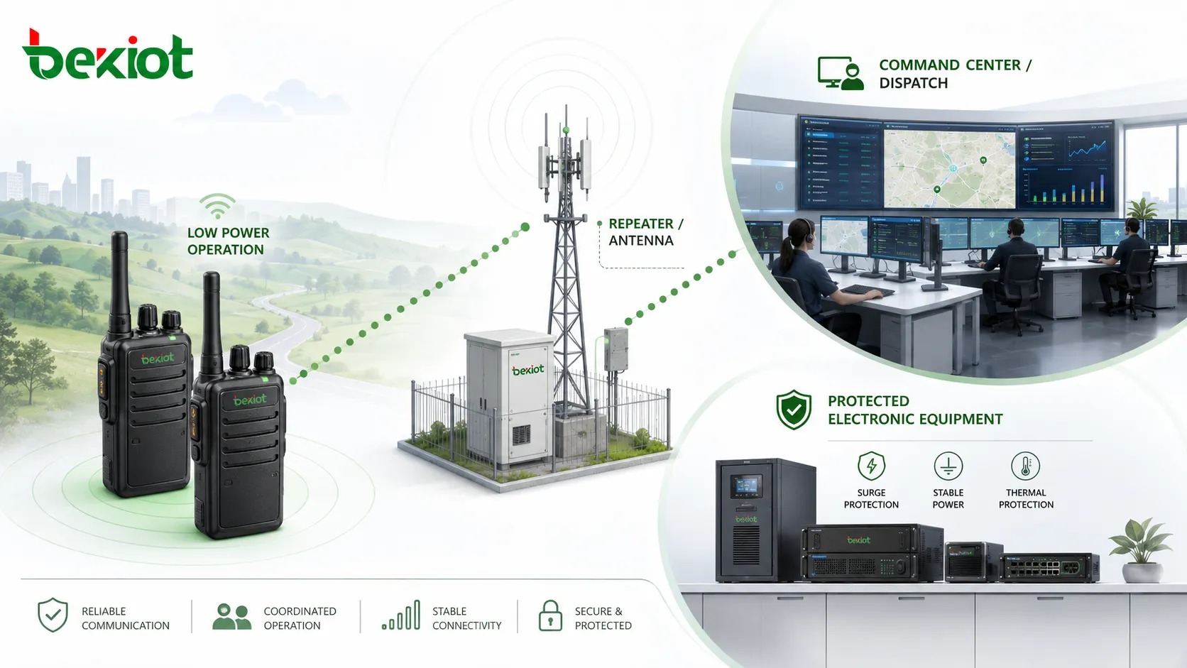 Système professionnel de dispatching radio montrant talkies-walkies fonctionnement à faible puissance répéteur antenne centre de commandement et équipements électroniques protégés